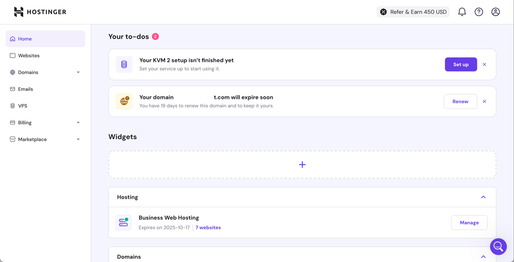 Hostinger home dashboard