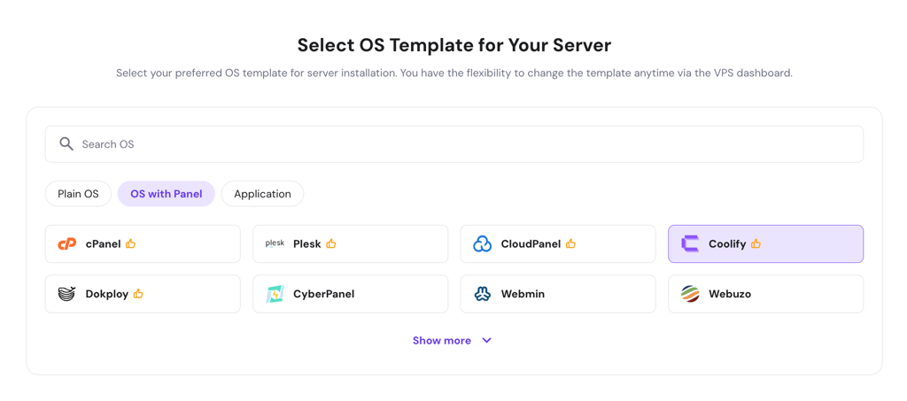 hostinger coolify vps hosting setup choose os page