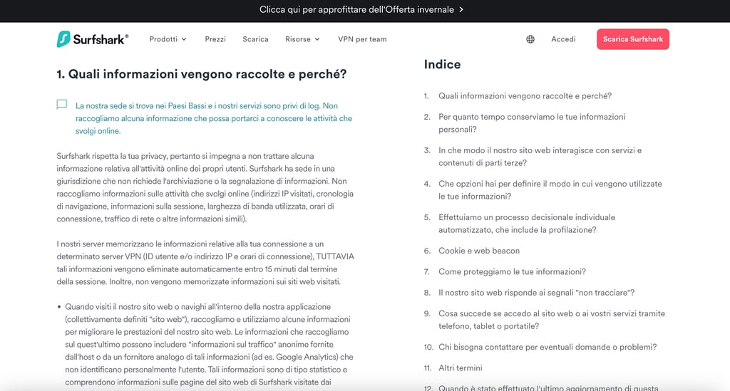 Informativa sulla privacy di Surfshark VPN