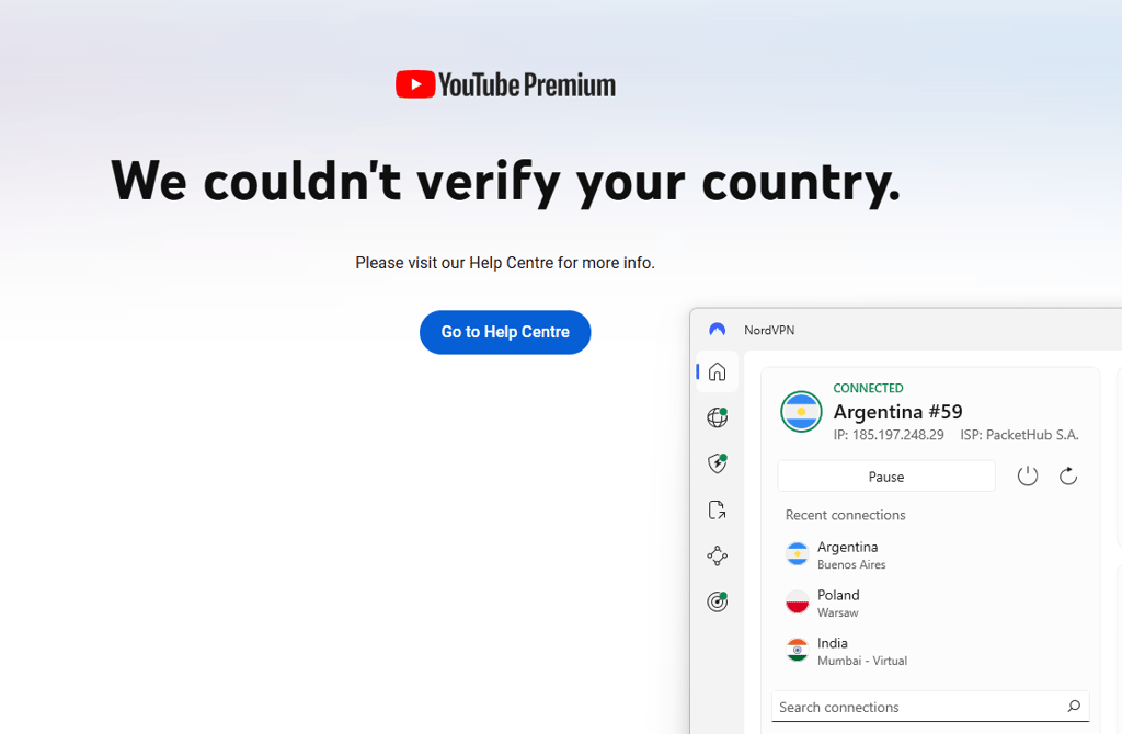 YouTube Premium error when connected to Argentina