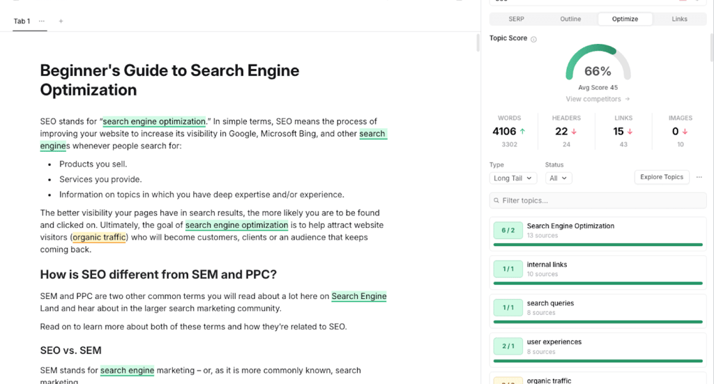 Frase content optimization dashboard