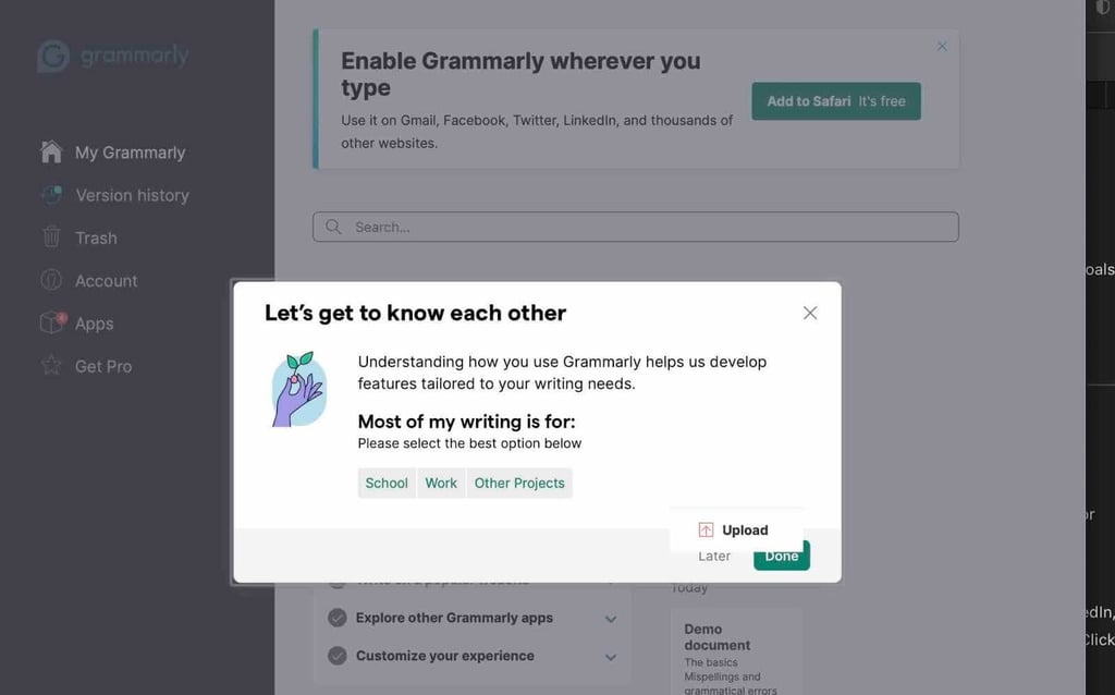 Grammarly’s onboarding window
