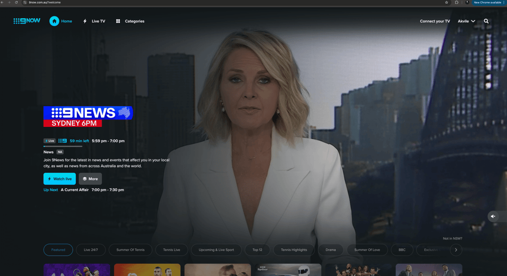 NineNow logged in screen