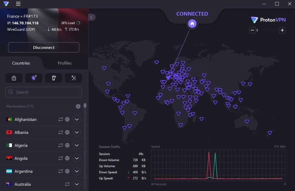 Proton VPN FR interface on desktop