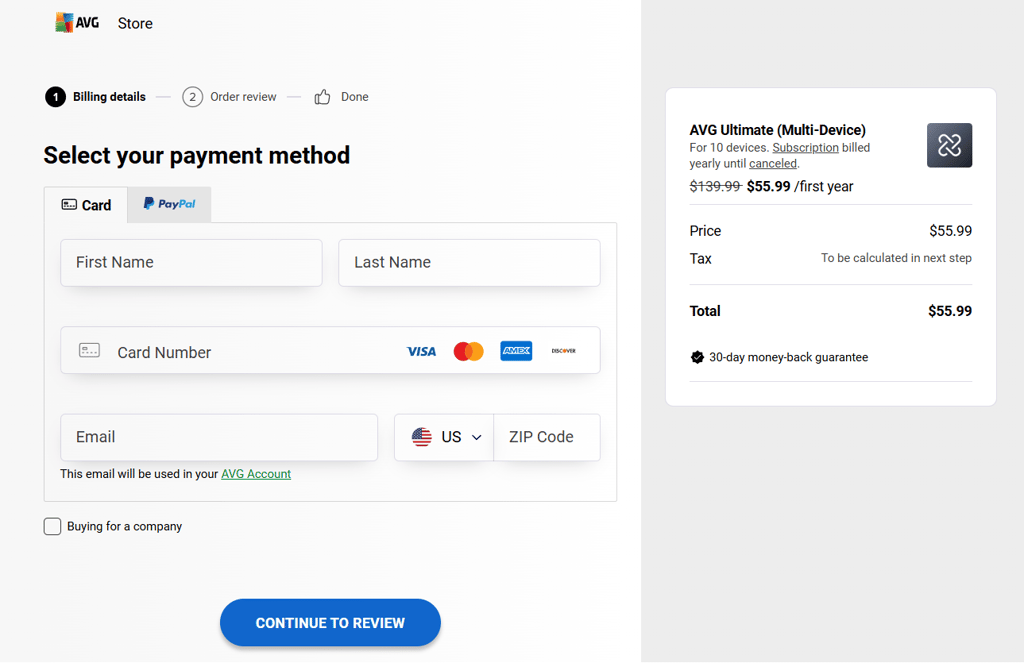 AVG checkout page