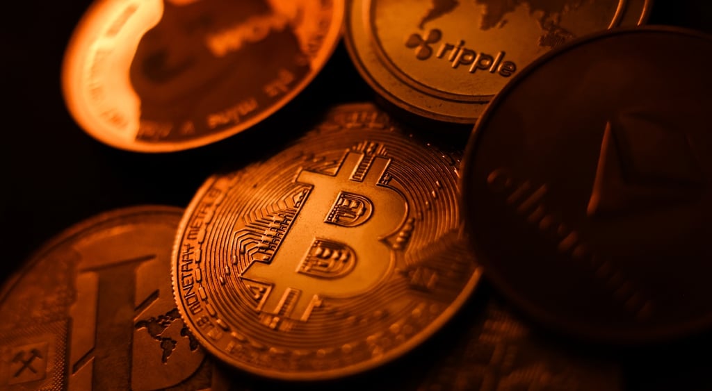 Crypto currency coins, Bitcoin, Doge, Ripple
