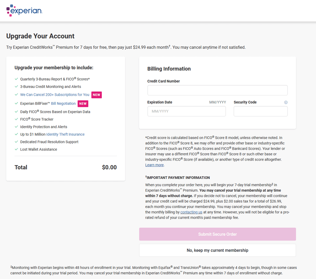 Experian upgrade