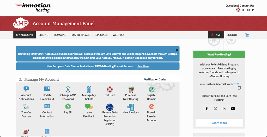InMotion Hosting account management panel