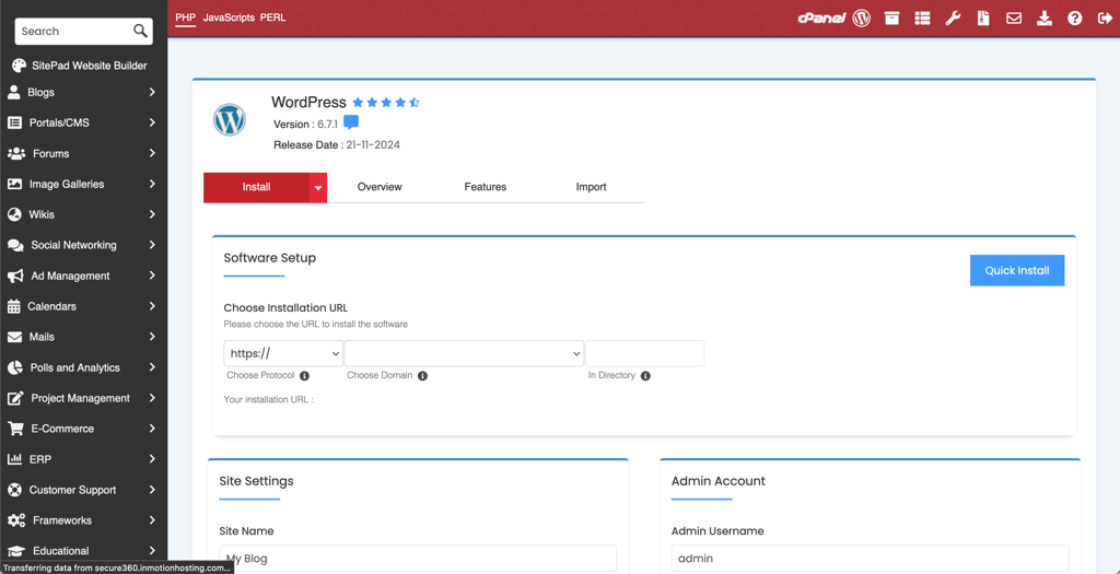Information fields while installing WordPress on InMotion Hosting