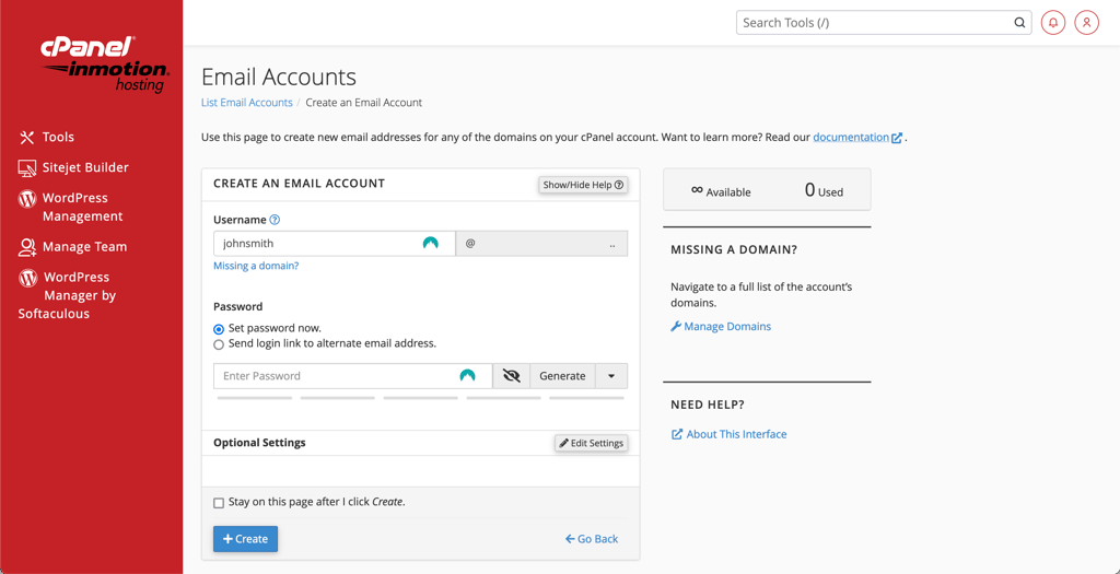 Creating an email account with InMotion Hosting
