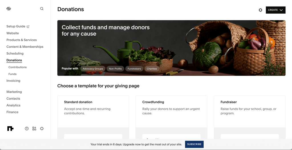 Section donations de Squarespace