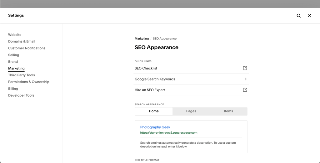 Options SEO Squarespace