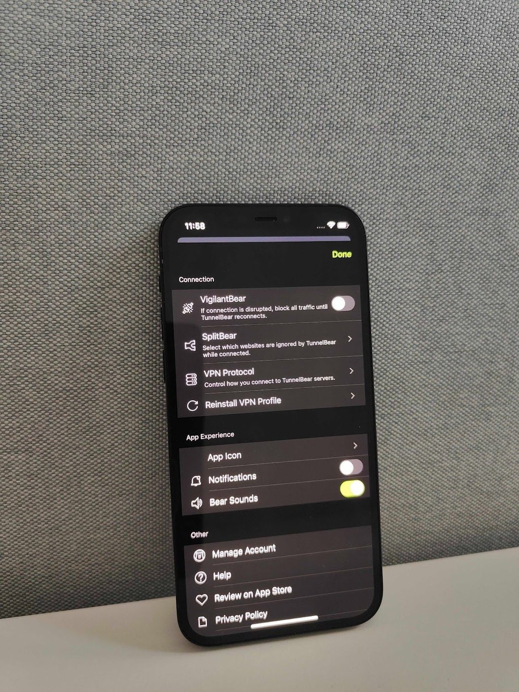 TunnelBear iOS app settings