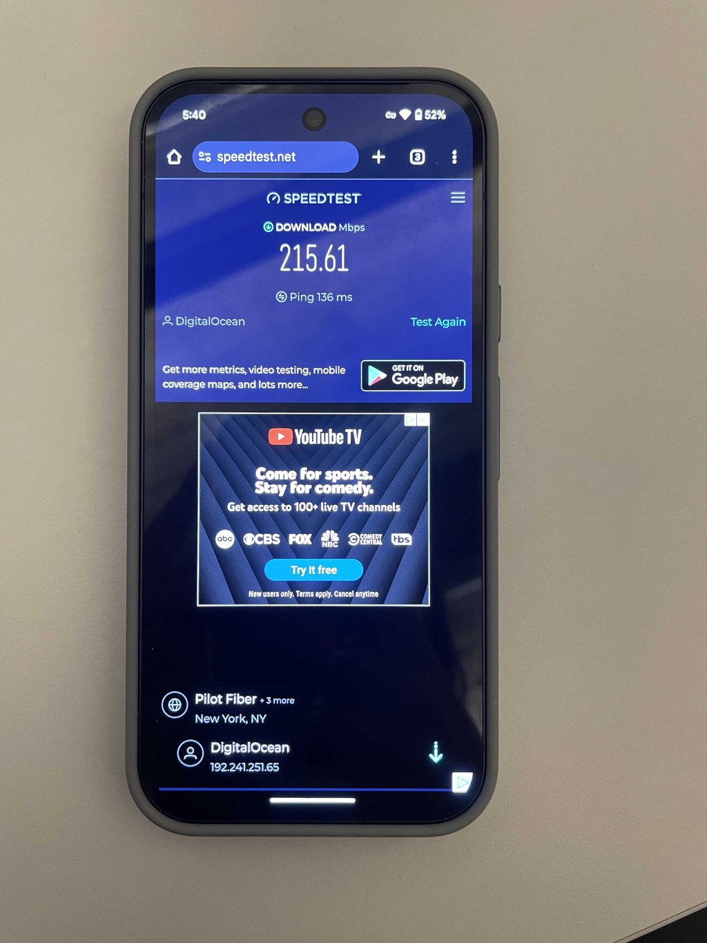 TunnelBear speed test results on Android