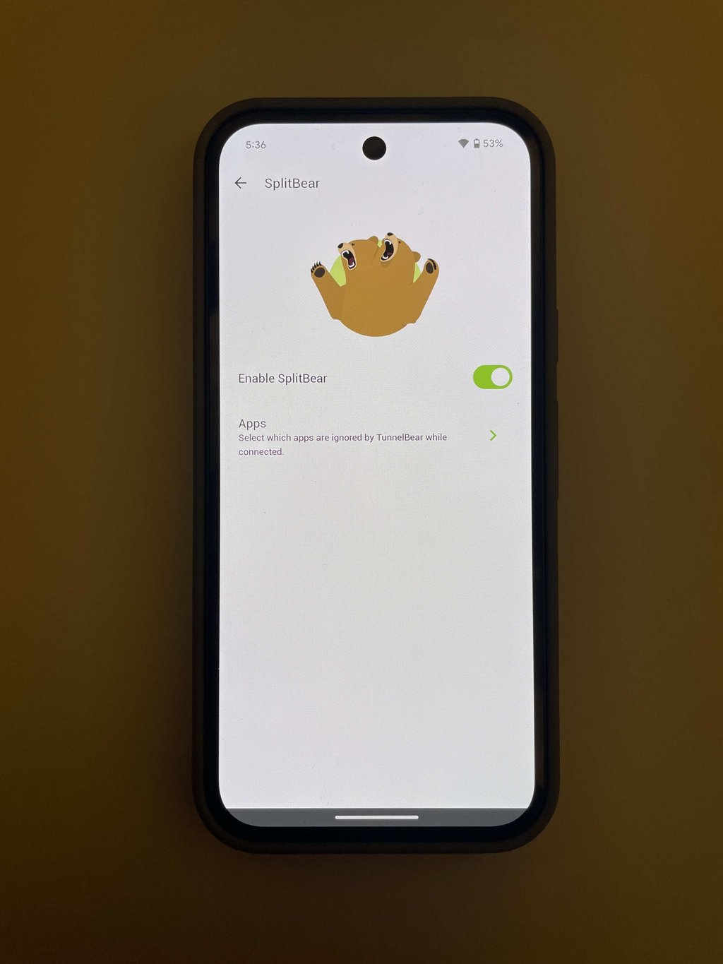 TunnelBear Split tunneling feature