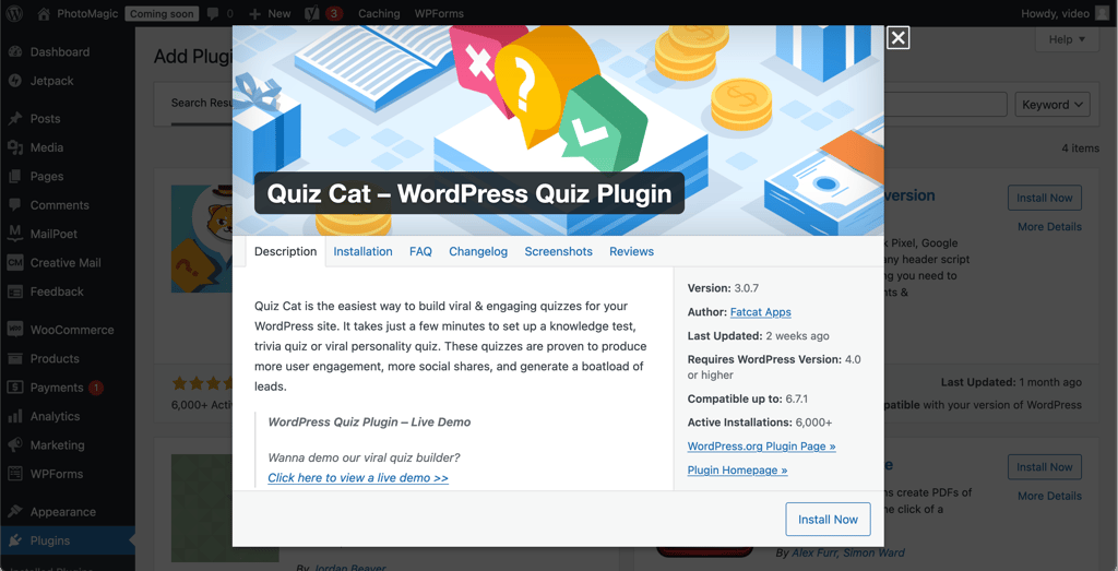 Plugin quizcat de Wordpress
