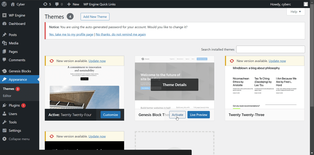 wp engine theme activation