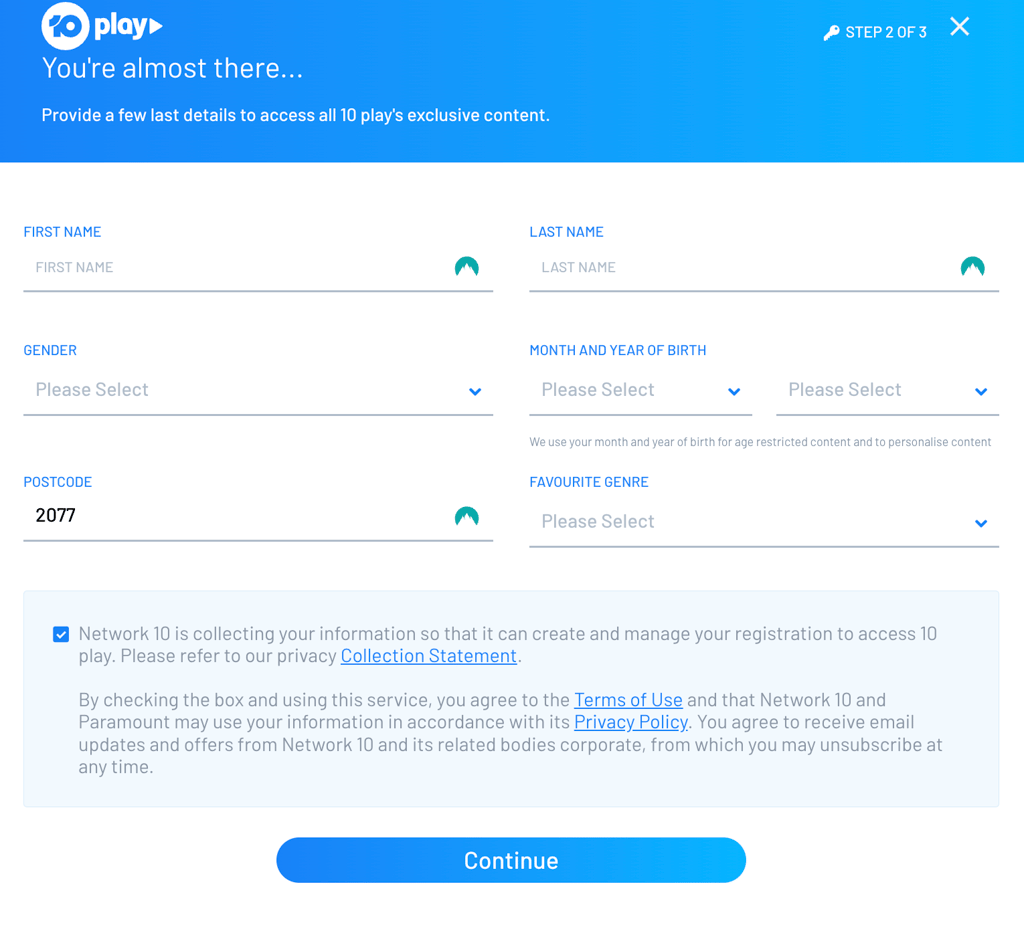 10Play sign up screen