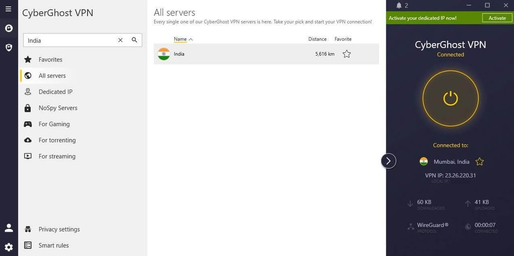 cyberghost indian server