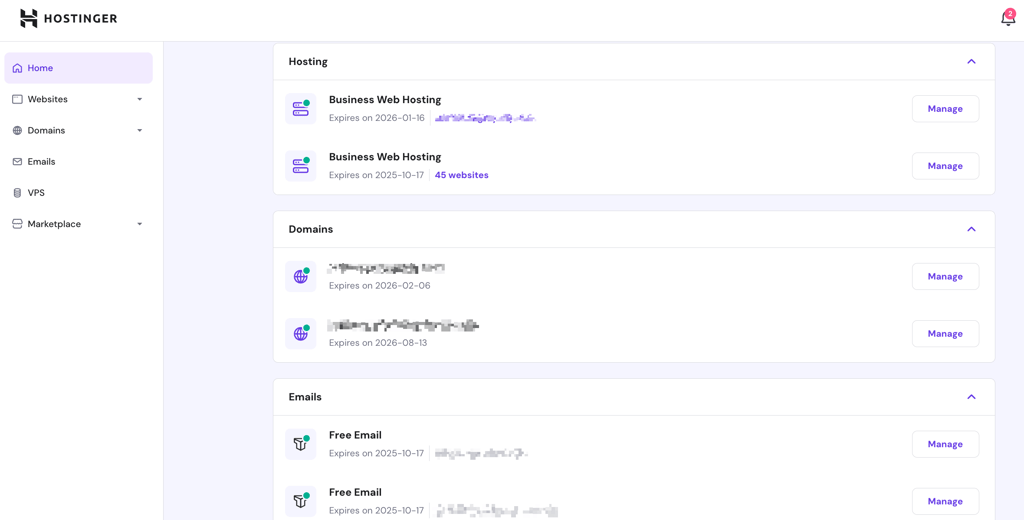Hostinger account management dashboard