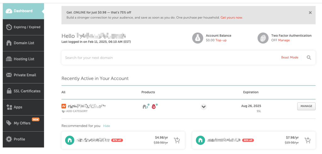 Namecheap account management dashboard