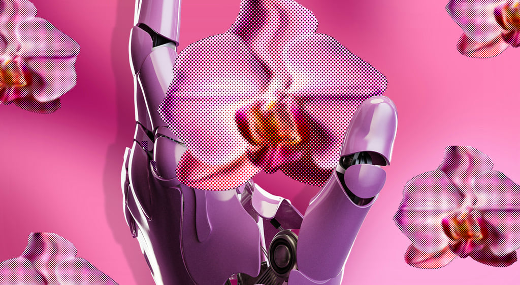 Roboterhand mit rosa Blüten
