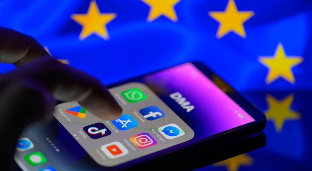 iPhone with major apps, EU flag in backround