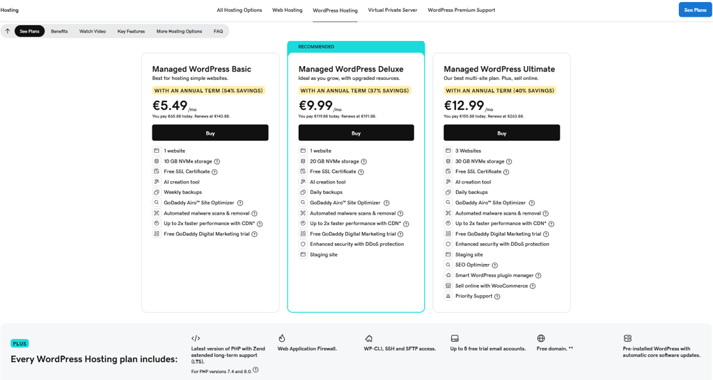 GoDaddy WordPress hosting plans