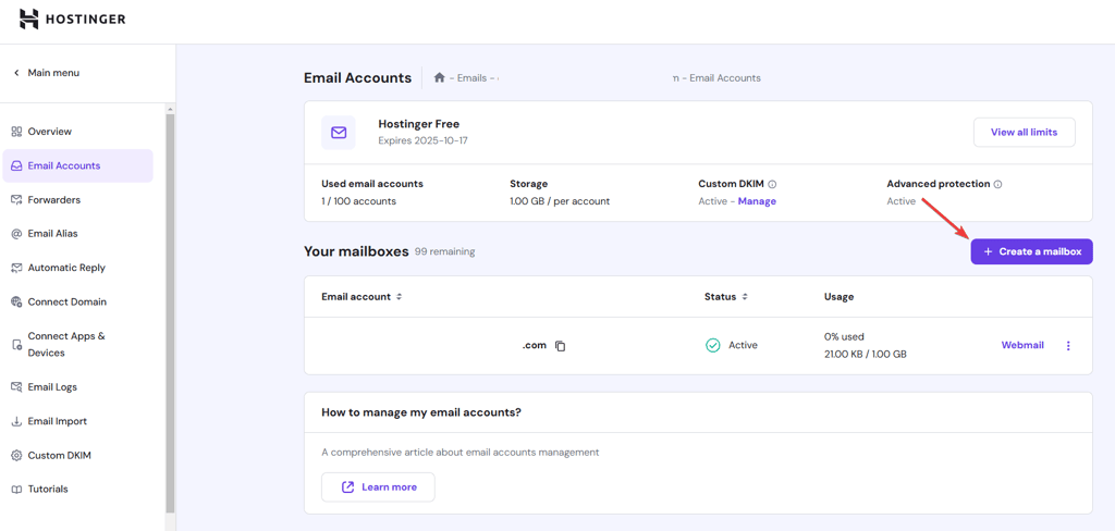 Hostinger email interface