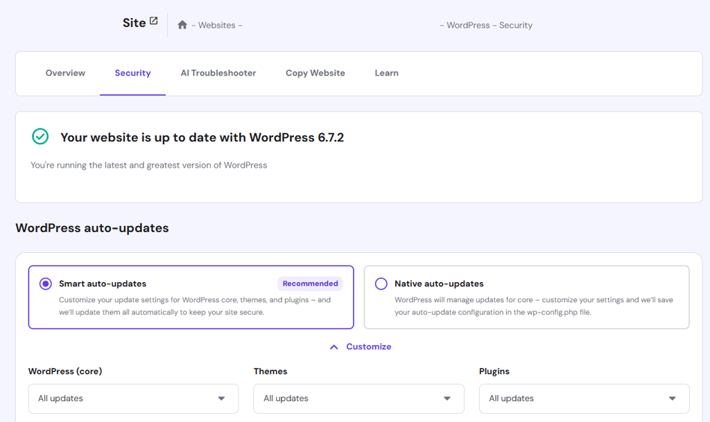 Hostinger hPanel's security section