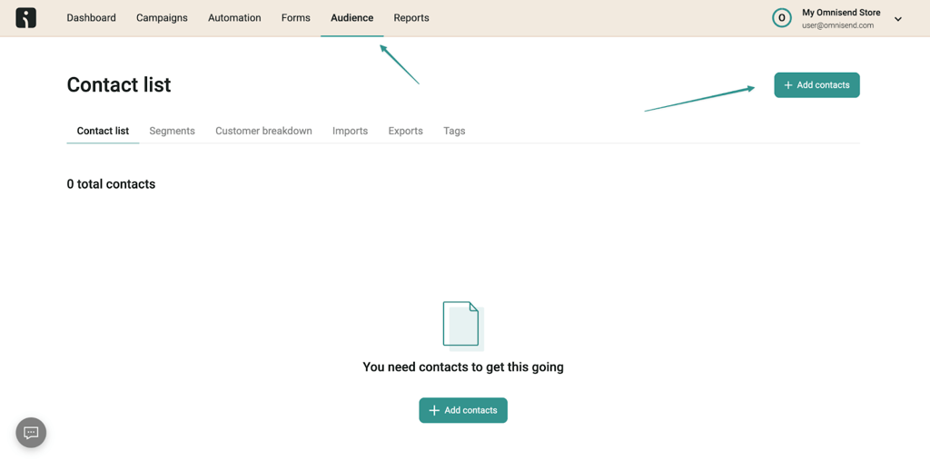 omnisend contact list dashboard