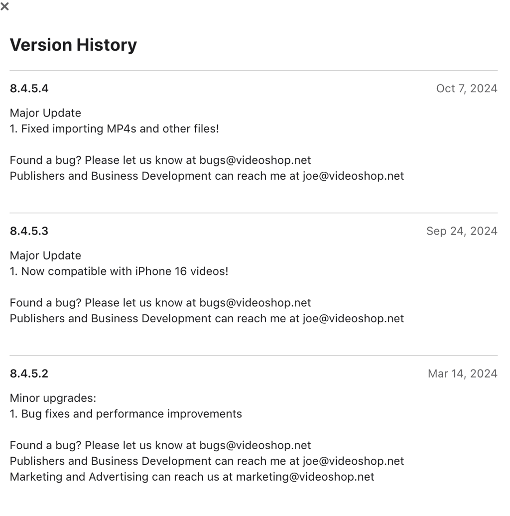Videoshop update history