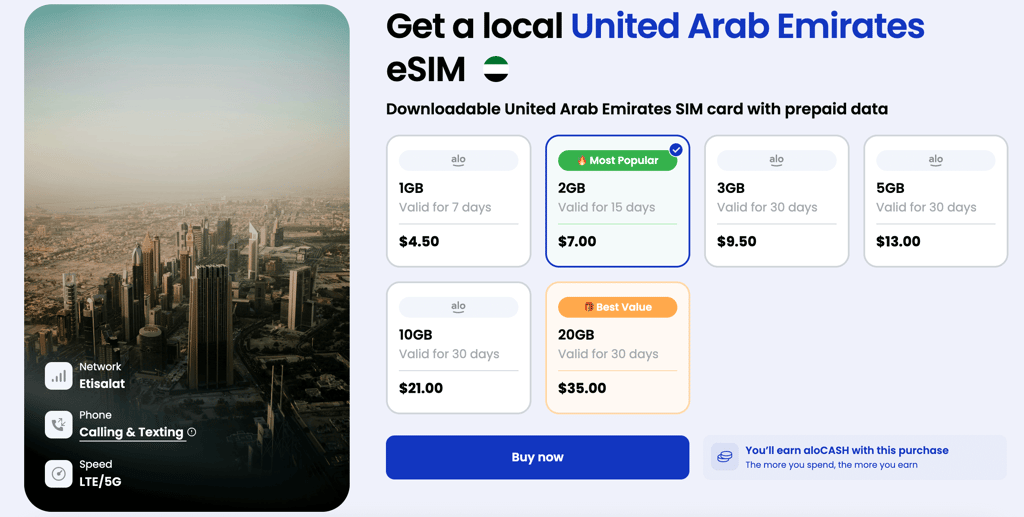 aloSIM eSIM plans in the UAE