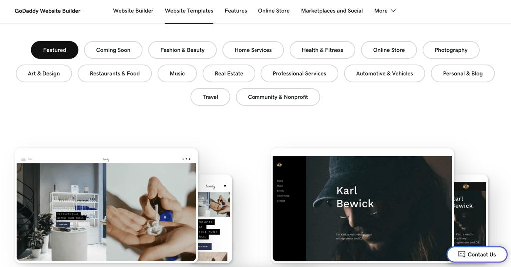 GoDaddy website builder template options