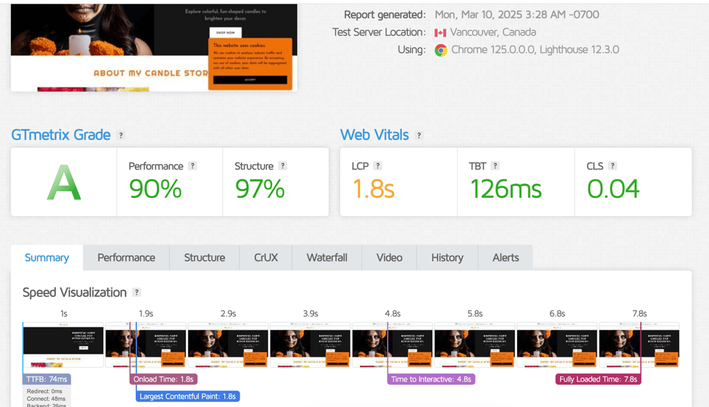 GoDaddy website GTmetrix test results