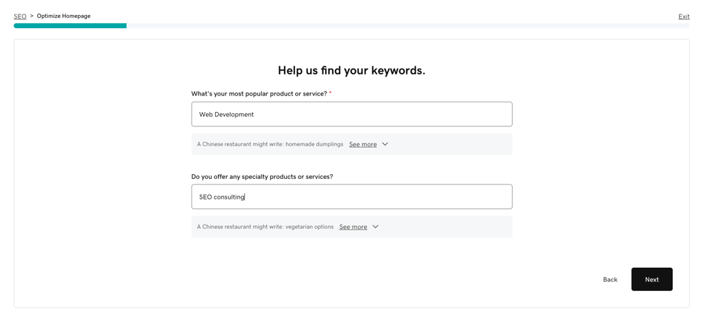 GoDaddy SEO questionnaire and setup