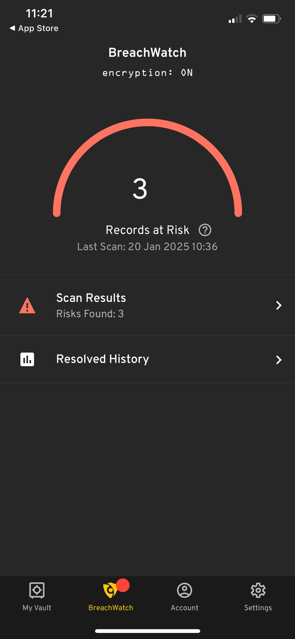 iOS interface of Keeper BreachWatch scanner