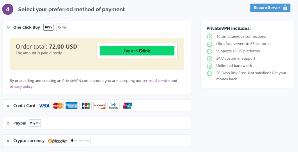 private vpn select payment method