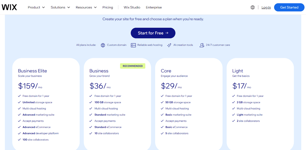Wix plans pricing