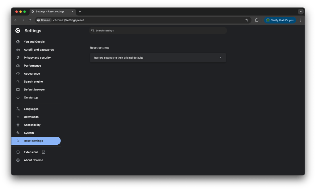 Chrome reset settings menu dark