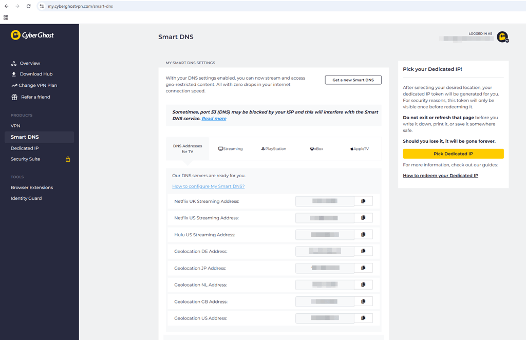 CyberGhost SmartDNS feature