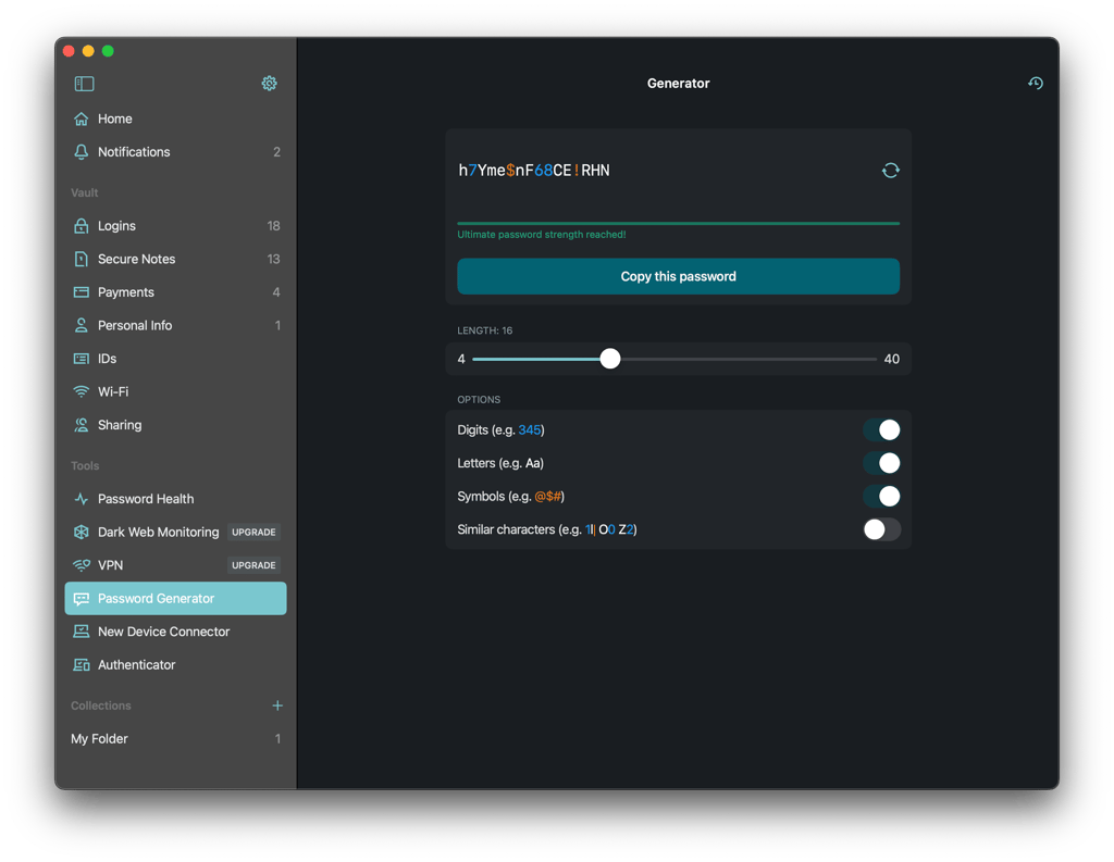 Dashlane password generator options