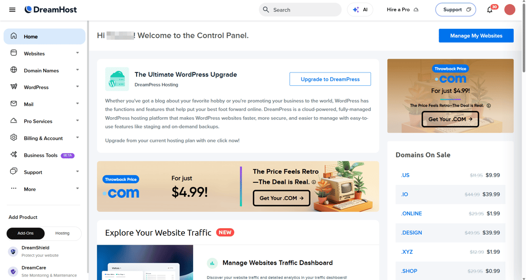 DreamHost cloud hosting dashboard