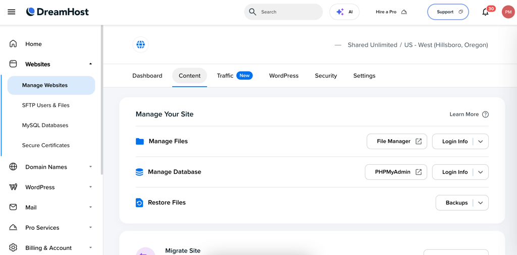 DreamHost website management
