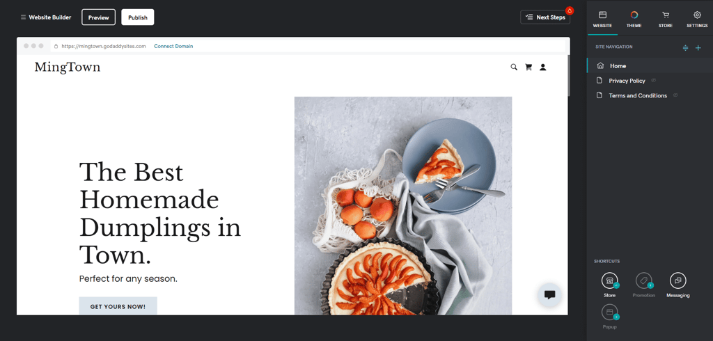 GoDaddy restaurant page editor