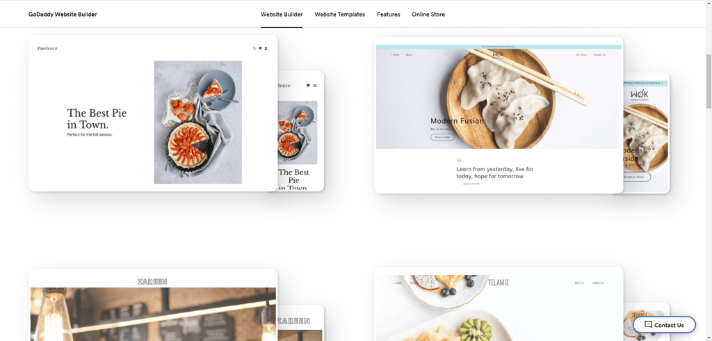 GoDaddy restaurant template selection
