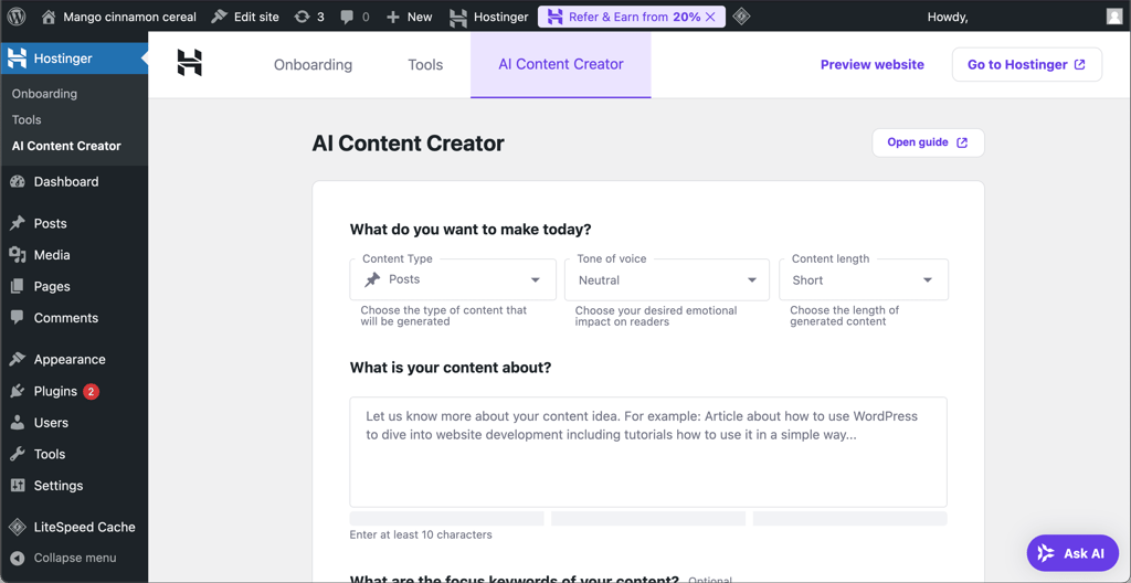 Hostinger AI content creator