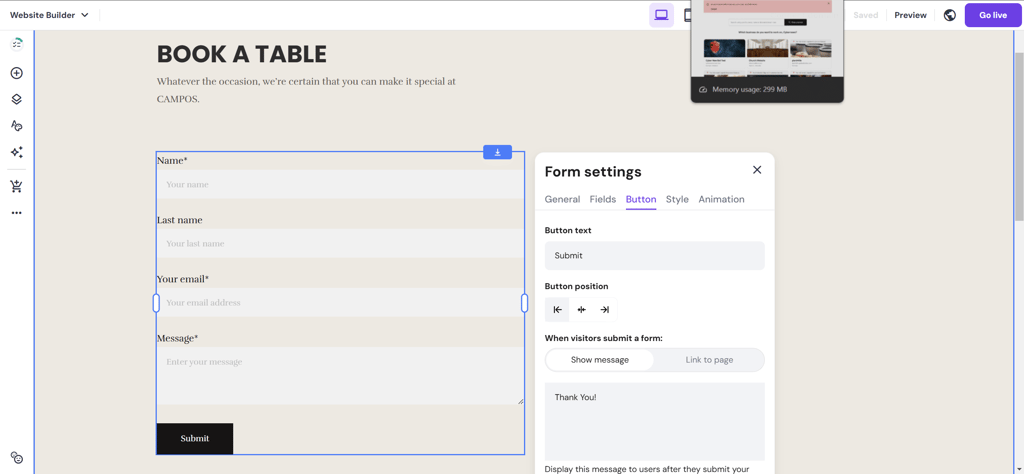 Restaurant booking form on Hostinger
