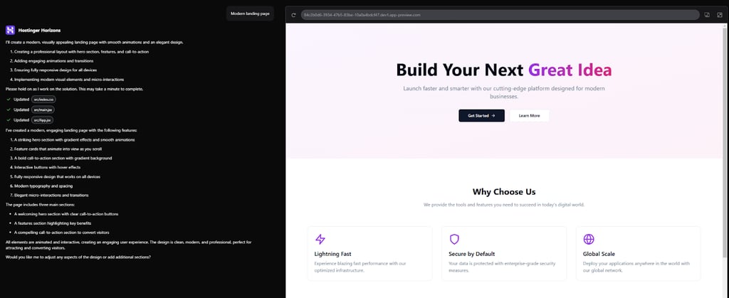 Hostinger Horizons interface
