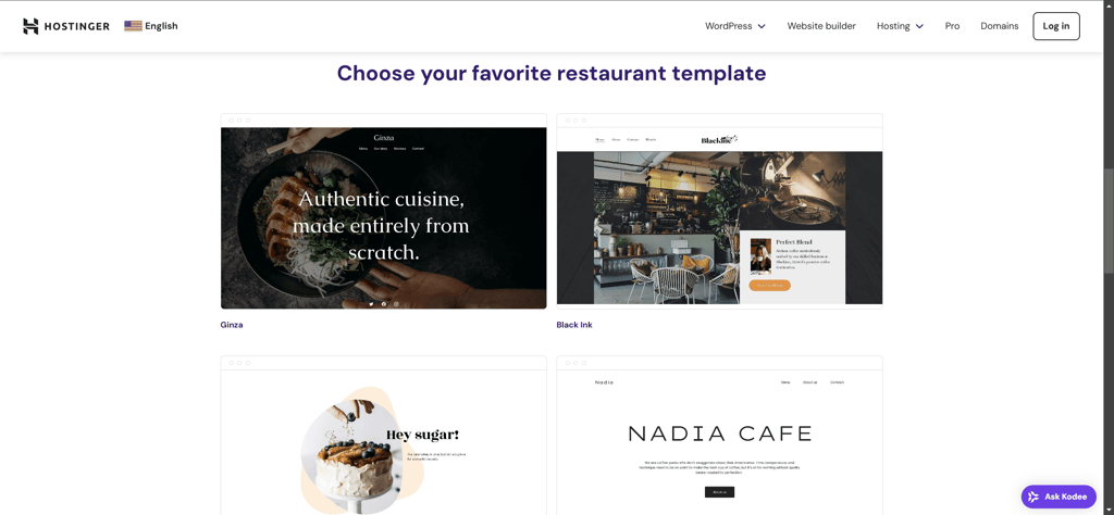 Hostinger’s restaurant template selection
